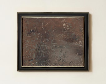 Vintage Moody Landscape Painting | Burgundy Wildflower Floral Artwork | Neutral Countryside Wall Art | Mailed Print