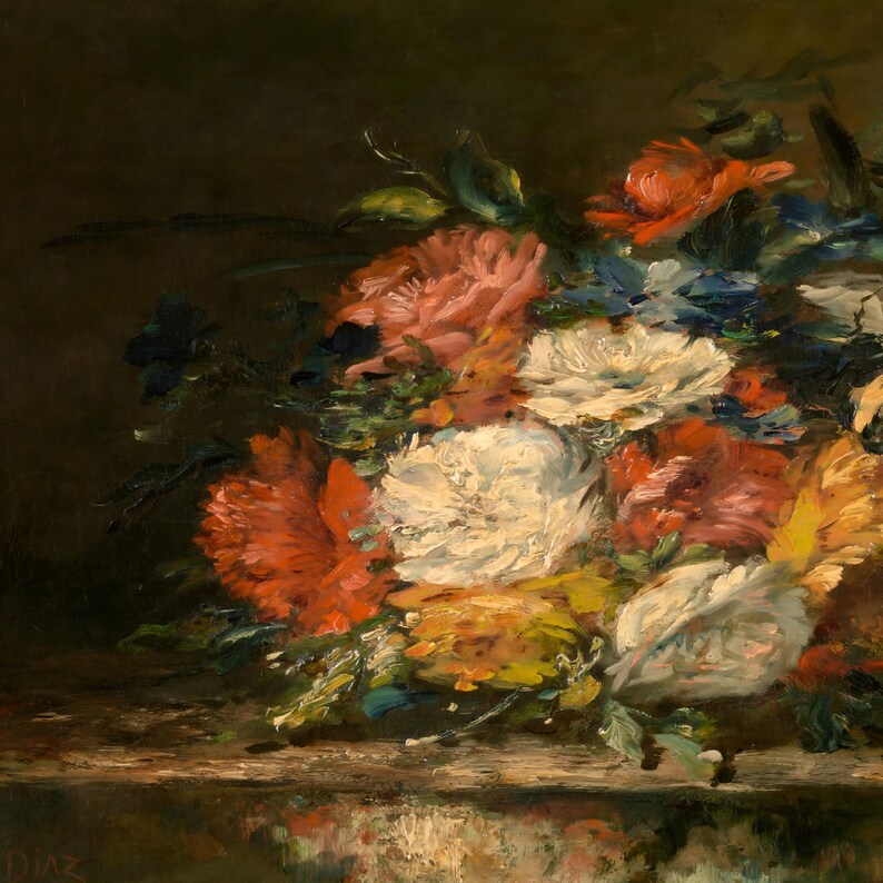 Moody Floral Still Life Painting | Antique Colorful Bouquet Wall Art ...