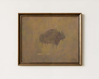 Vintage Buffalo Painting | Antique Bison Wall Art | Rustic Western Animal Decor | Mailed Print