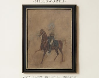 Vintage Horse Riding Sketch | Antique Equestrian Drawing Artwork | Rustic Cottagecore Wall Decor | Framed Art