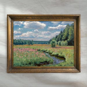 Vintage Spring Meadow Oil Painting | Wildflower Summer Landscape Wall Art | Countryside Field Home Decor | Mailed Print