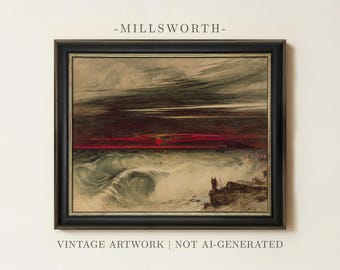 Moody Seascape Painting | Dark Academia Coastal Artwork | Vintage Ocean Moonlight Wall Decor | Framed Art