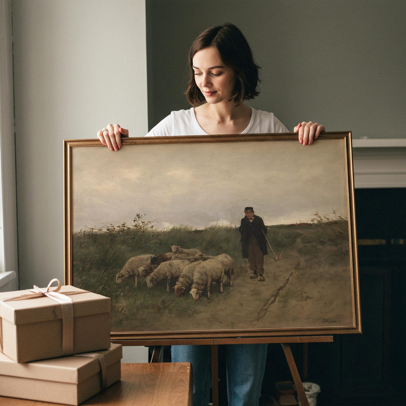 Vintage Sheep Landscape Painting | Antique Farmhouse Animal Artwork ...