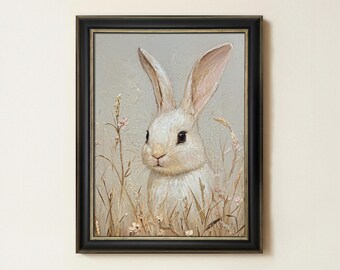Easter Bunny Painting | Antique Spring Rabbit Nursery Wall Art | Rustic Farmhouse Animal Home Decor | Mailed Print