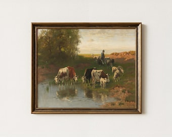 Vintage Cow Landscape Painting | Antique Grazing Cattle Artwork | Rustic Farmhouse Meadow Decor | Mailed Print