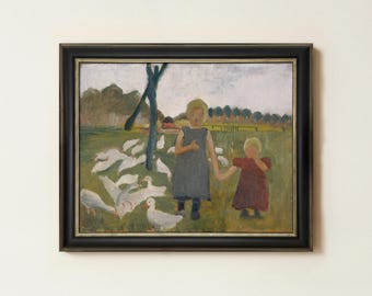 Vintage Children with Geese Painting | Antique Pastoral Wall Art | Countryside Nursery Farmhouse Decor | Mailed Print