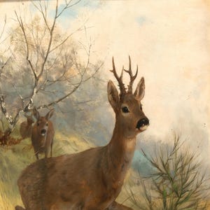 Vintage Deer Painting | Antique Woodland Wildlife Artwork | Rustic Hunting Cabin Wall Art | Mailed Print image 3