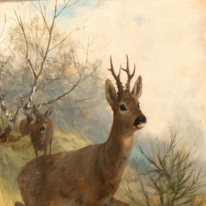 Vintage Deer Painting | Antique Woodland Wildlife Artwork | Rustic Hunting Cabin Wall Art | Mailed Print image 3