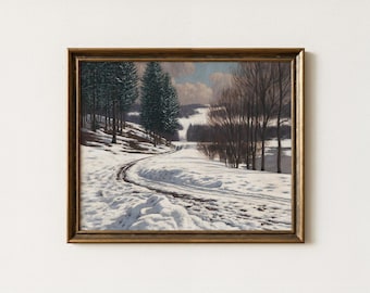 Vintage Winter Landscape Painting | Snowy Forest Cabin Decor | Rustic Christmas Wall Art | Antique Holiday Scenery | Mailed Print