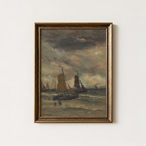 Vintage Moody Seascape Painting | Antique Sailboat Ocean Artwork | Rustic Coastal Wall Decor | Mailed Print image 1