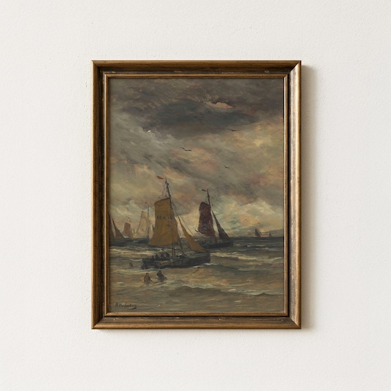 Vintage Moody Seascape Painting | Antique Sailboat Ocean Artwork | Rustic Coastal Wall Decor | Mailed Print