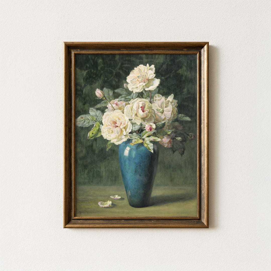 Vintage White Rose Still Life Painting | Antique Floral Vase Artwork ...