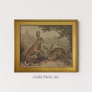 Rustic Rabbit Painting | Vintage Bunny Wall Decor | Antique Woodland Hare Artwork | Mailed Print Gold Plein Air