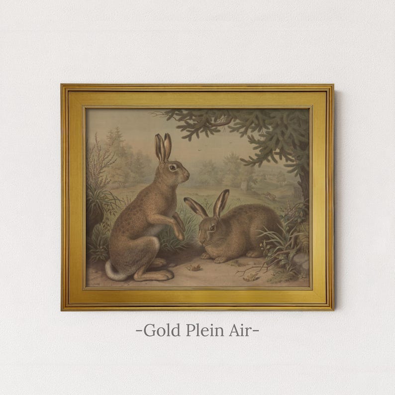 Rustic Rabbit Painting | Vintage Bunny Wall Decor | Antique Woodland Hare Artwork | Mailed Print Gold Plein Air