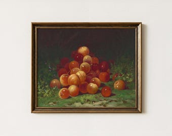 Vintage Cherry Still Life Painting | Antique Fruit Artwork | Rustic Farmhouse Wall Art | Mailed Print