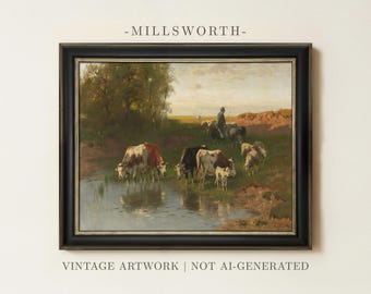 Vintage Cow Landscape Painting | Antique Grazing Cattle Artwork | Rustic Farmhouse Meadow Decor | Framed Art