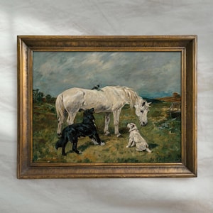 Vintage White Horse Painting | Antique Equestrian Dog Wall Art | Rustic Farmhouse Landscape Decor | Mailed Print