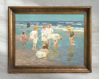 Children Playing at Seaside | Vintage Ocean Landscape Wall Art | Antique Beach House Decor | Coastal Impressionist Artwork | Mailed Print