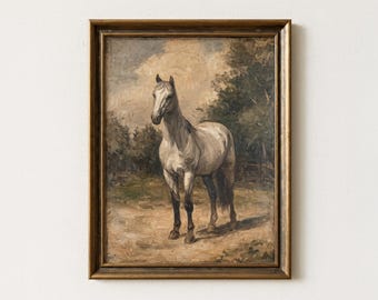 Antique White Horse Painting | Vintage Equestrian Wall Art | Rustic Farmhouse Home Decor | Mailed Print