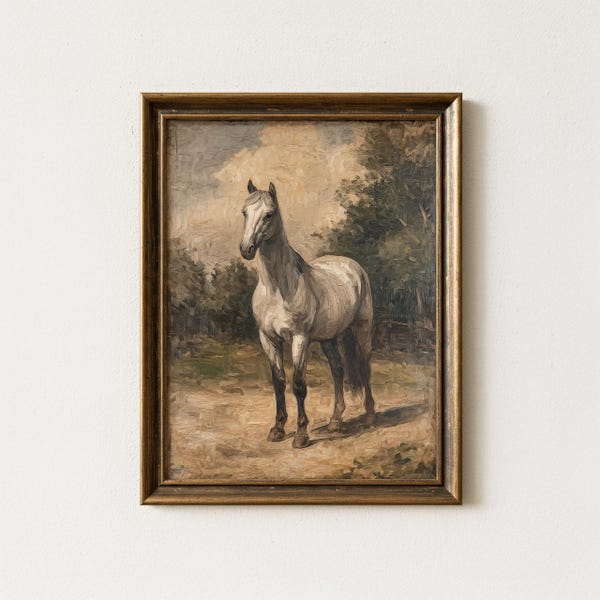 Antique White Horse Painting | Vintage Equestrian Wall Art | Rustic Farmhouse Home Decor | Mailed Print