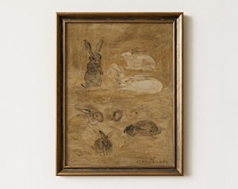 Vintage Bunnies Painting | Rustic Rabbit Wall Art | Animal Nursery Easter Decor | Mailed Print