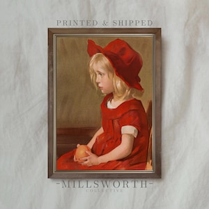 Blonde Girl in Red Dress | Vintage Portrait Painting | Muted Children Decor | Mailed Print