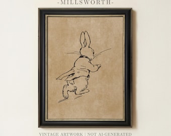 Vintage Rabbit Sketch Drawing | Minimalist Bunny Wall Art | Antique Nursery Home Decor | Rustic Kids Room Art Print | Framed Art