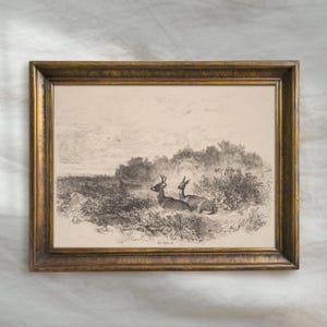 Vintage Deer Sketch Painting | Antique Woodland Landscape Artwork | Rustic Cottagecore Animal Decor | Mailed Print