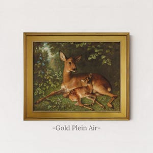 Antique Deer Painting | Rustic Wildlife Wall Decor | Vintage Woodland Fawn Artwork | Framed Art Gold Plein Air