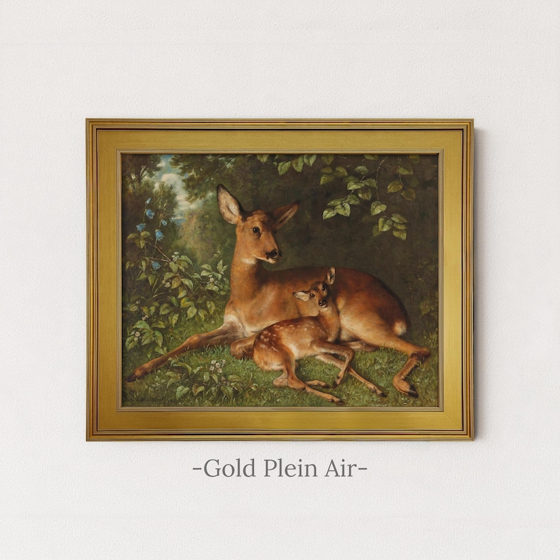 Antique Deer Painting | Rustic Wildlife Wall Decor | Vintage Woodland Fawn Artwork | Framed Art Gold Plein Air