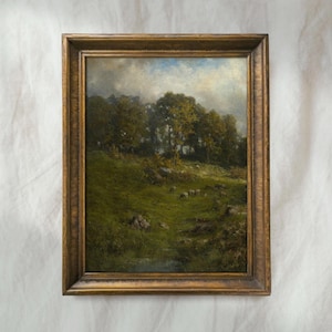Vintage Sheep Landscape Painting | Antique Farmhouse Wall Art | Rustic Countryside Animal Decor | Mailed Print