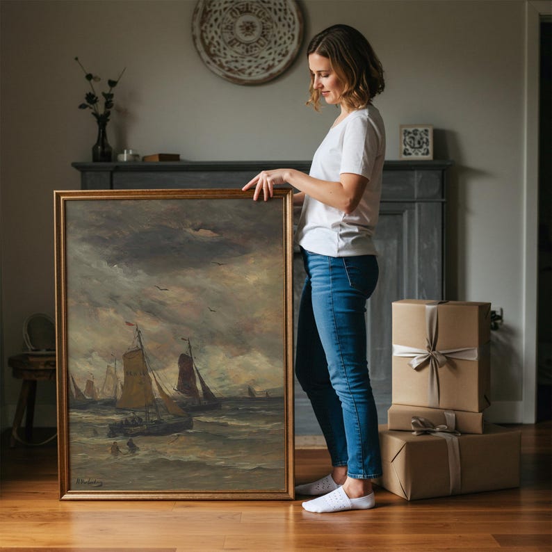 Vintage Moody Seascape Painting | Antique Sailboat Ocean Artwork | Rustic Coastal Wall Decor | Mailed Print image 2