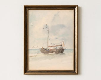 Vintage Boat Painting | Antique Coastal Sailboat Artwork | Seaside Watercolor Wall Decor | Mailed Print