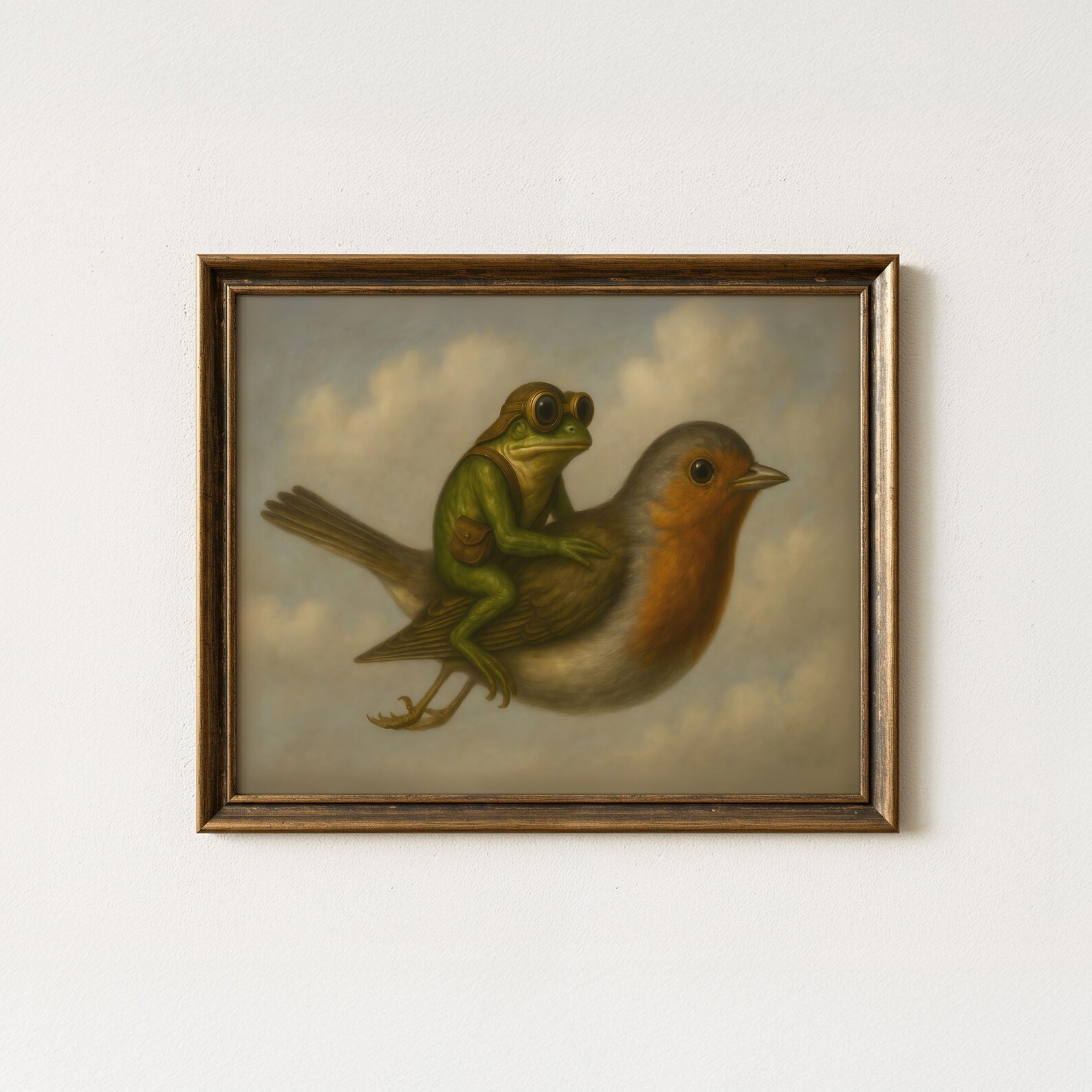 Vintage Frog Riding Bird Painting | Antique Whimsical Home Decor ...