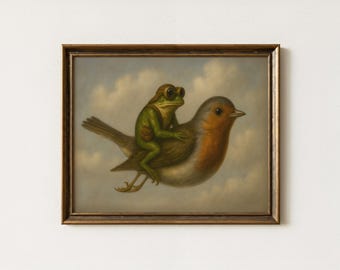 Vintage Frog Riding Bird Painting | Antique Whimsical Home Decor | Fantasy Animal Wall Art | Mailed Print