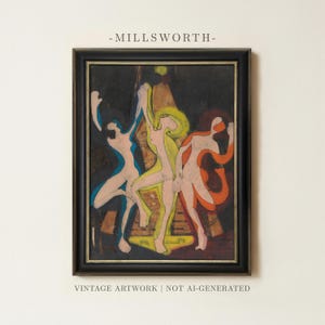 May include: A framed painting titled MILLSWORTH featuring three stylized figures in motion against a dark background. The figures are outlined in blue, yellow, and orange, with light-toned bodies. The artwork is enclosed in a black frame with gold trim.