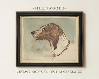 May include: A framed artwork titled MILLSWORTH featuring a brown and white ink sketch of a dog in profile against a pale blue background. The piece is labeled VINTAGE ARTWORK | NOT AI-GENERATED and is enclosed in a dark, multi-layered frame.