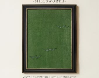 Vintage Green Abstract Painting | Antique Minimalist Bird Wall Decor | Japanese Woodblock Artwork | Asian Art Print | Framed Art