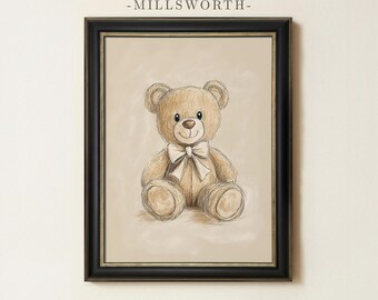 Teddy Bear Sketch |  Neutral Nursery Wall Art | Cute Animal Kids Room Decor | Framed Art