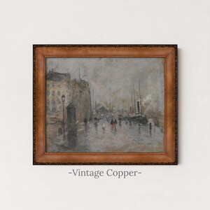 Vintage Rainy City Painting | Antique Street Scene Artwork | Rustic Gray Urban Decor | Framed Art Vintage Copper