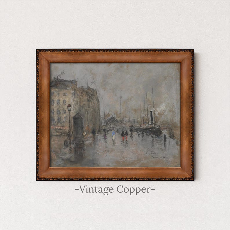 Vintage Rainy City Painting | Antique Street Scene Artwork | Rustic Gray Urban Decor | Framed Art Vintage Copper