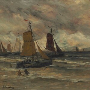 Vintage Moody Seascape Painting | Antique Sailboat Ocean Artwork | Rustic Coastal Wall Decor | Mailed Print image 4