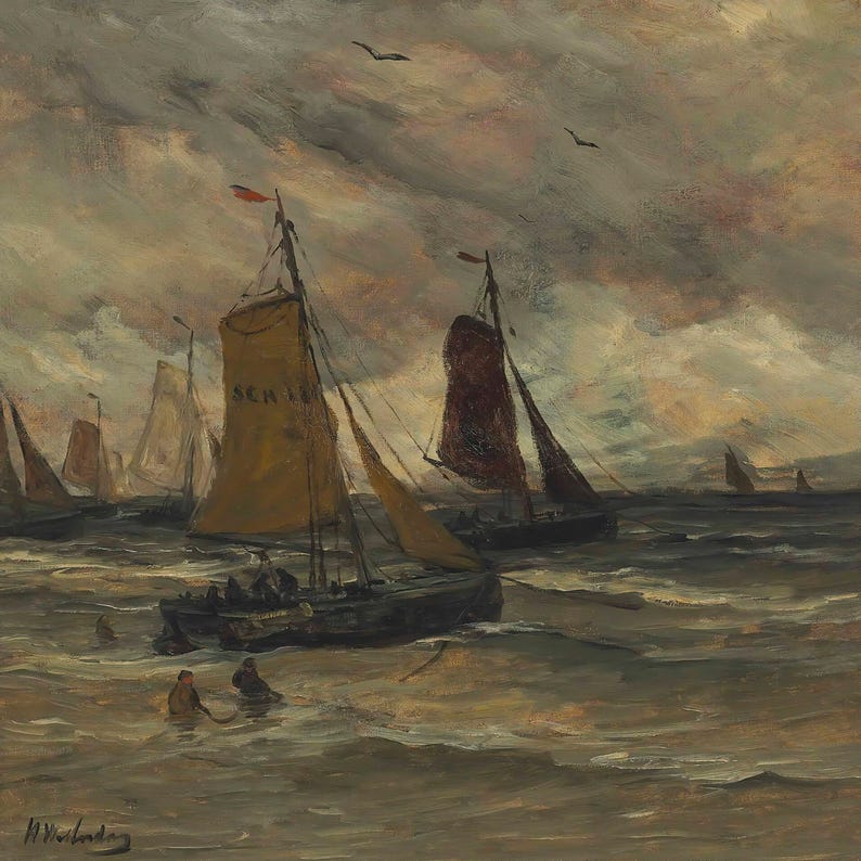 Vintage Moody Seascape Painting | Antique Sailboat Ocean Artwork | Rustic Coastal Wall Decor | Mailed Print image 4