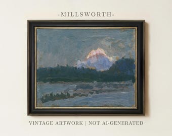 May include: A framed landscape painting featuring a dark blue-green treeline against a muted blue sky with a single prominent pink and white cloud. The artwork is enclosed in a black frame with gold inner trim. Text above reads MILLSWORTH.
