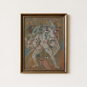 Vintage Abstract Faces Painting | Antique Modernist Figure Artwork | Botanical Wall Art | Mailed Print