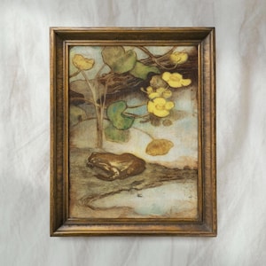 Antique Frog Painting | Vintage Botanical Flower Wall Art | Rustic Watercolor Toad Decor | Mailed Print
