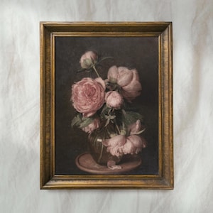 Moody Pink Peonies Painting | Vintage Floral Wall Art | Dark Botanical Flower Home Decor | Antique Farmhouse Artwork | Mailed Print