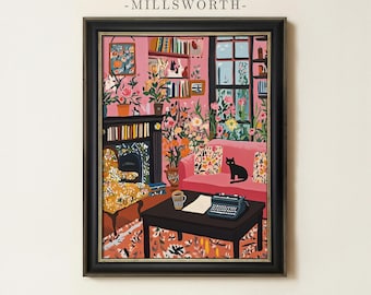 May include: A framed art print titled MILLSWORTH featuring a colorful illustration of a cozy living room with a pink sofa, a black cat, a fireplace, a patterned armchair, a coffee table with a typewriter, and numerous potted plants.
