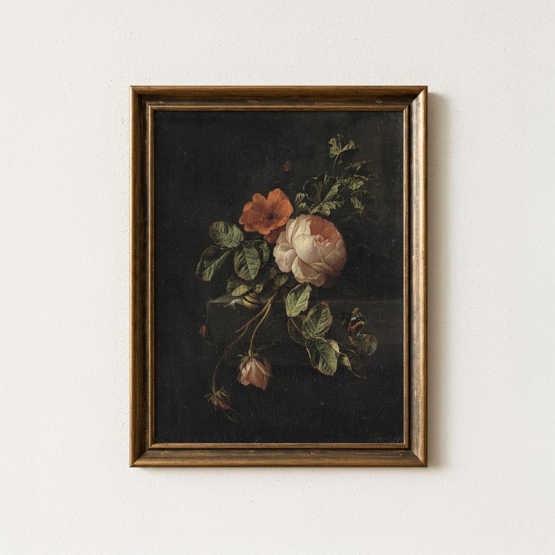 Antique Moody Roses Painting | Dark Floral Still Life Artwork ...