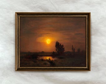 Vintage Sunset Oil Painting | Moody Landscape Wall Art | Twilight Sky Nature Decor | Mailed Print